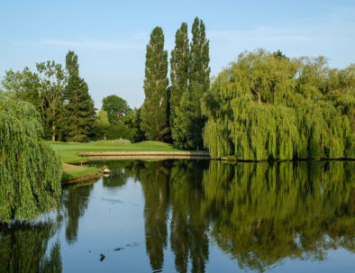 green du golf de saint-nom-la-breteche avec une étendue d'eau au premier plan