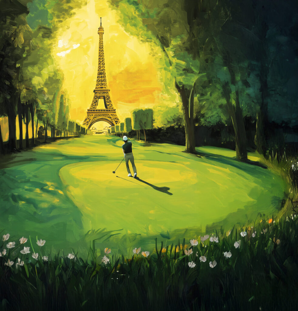 affiche style peinture d'un golfeur jouant sur un green face à la tour eiffel qui apparait en face de lui au loin